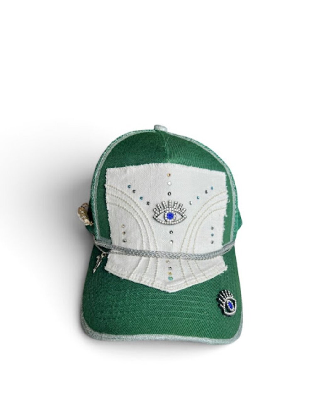 Green Evil Eye Cap White Patch Rhinestone Boho Trucker Hat NWT